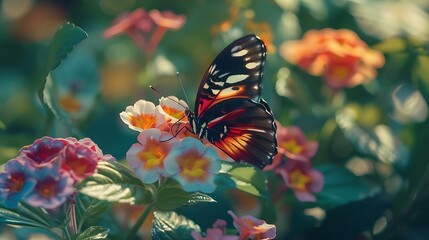 Wall Mural - Detailed shot of a butterfly feeding on colorful flowers, highlighting the delicate textures of the wings and the rich hues of the blooms