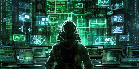 A Person wearing a Hoodie Sitting in Front of Multiple Computer Screens with Code and Security alerts, Symbolizing Cyber Threats and Hacking.