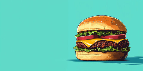 Wall Mural - Gourmet burger with layers of fillings on a flat surface