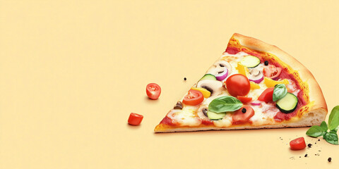 Wall Mural - Vegetarian pizza slice with mixed vegetables on a clean flat surface