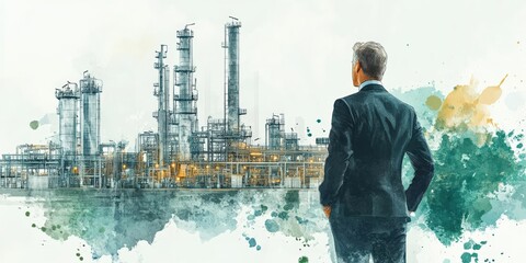 A businessman gazes at an industrial landscape, symbolizing corporate growth and future possibilities in the energy sector.