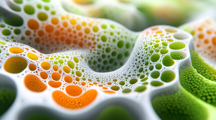 Detailed close-up view of a vibrant, colorful abstract pattern showcasing bubbles in green, orange, and white tones