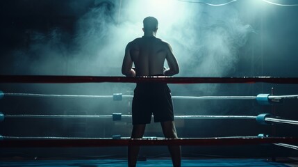 Sticker - A boxer’s silhouette stands in a ring enveloped in light and smoke, preparing for battle with unwavering focus and determination.