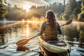 Wall Mural - A lone woman kayaks on a tranquil lake as the sunrise spills golden light through the mist, creating a peaceful moment of connection with nature