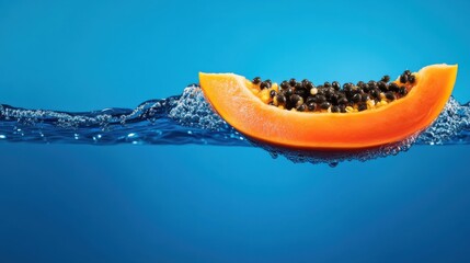 Fresh Papaya Half Floating on Water with Vibrant Orange Flesh and Seeds in Deep Blue Background