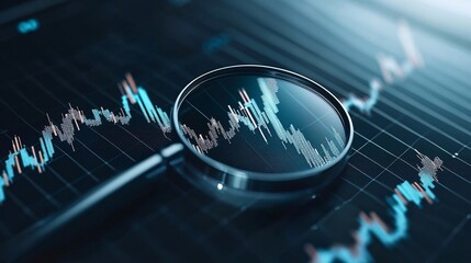 Wall Mural - Magnifying glass over a falling interest rate chart, detailed analysis of economic trends