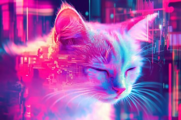 Wall Mural - Kawaii glitch art style featuring a cute cat in neon colors for modern digital design.