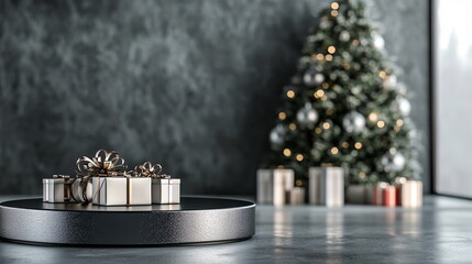 Black and silver podium with Christmas tree, gift boxes, and ribbons on a festive silver background. Horizontal Christmas background for poster, greeting cards, headers, website. New Year festive