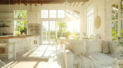 Wall Mural - Bright, airy living and dining area with sunlight streaming in through large windows, highlighting cozy furnishings and lush greenery outside.