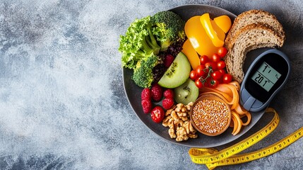 World diabetes day and healthcare concept. Diabetic measurement set, measure tape and healthy food eating nutrition in plate on stone background. generative ai