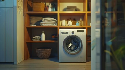 A cozy laundry room featuring a modern washing machine nestled among shelves filled with neatly organized towels and cleaning supplies.