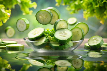 A bowl of cucumbers and lettuce is floating in water. The cucumbers are sliced and scattered throughout the bowl