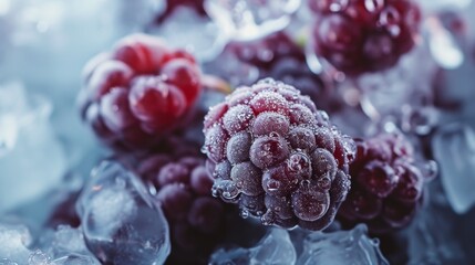 A detailed macro shot of fresh, frozen blackberries resting on ice. The vibrant red and purple hues of the berries are accentuated by the frosty crystals, creating a refreshing and appetizing visual.