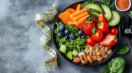 World diabetes day and healthcare concept. Diabetic measurement set, measure tape and healthy food eating nutrition in plate on stone background. generative ai