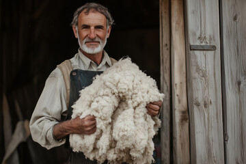 A farmer holding sheared sheep’s  white wool. 