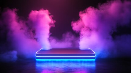 Cylinder flying podium with neon glowing abstract geometric shapes on wall and smoke clouds. Realistic 3d vector illustration of purple and blue luminous hi tech product platform on dark background