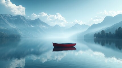 Sticker - Tranquil Mountain Lake with a Red Boat