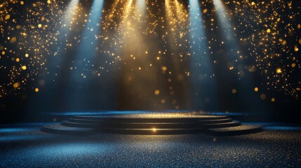 Dark blue stage with golden spotlight lines and glitter texture for award ceremony design. Realistic 3d abstract premium elegant glamour background template for anniversary or winner rewarding