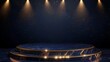 © Zaenal - Dark blue stage with golden spotlight lines and glitter texture for award ceremony design. Realistic 3d abstract premium elegant glamour background template for anniversary or winner rewarding