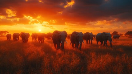 Canvas Print - Elephant Herd at Sunset