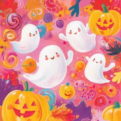 Sticker - Whimsical halloween scene with playful ghosts and pumpkins for festive decorations.