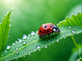 Wall Mural - A ladybug sits on a green leaf with dew drops.