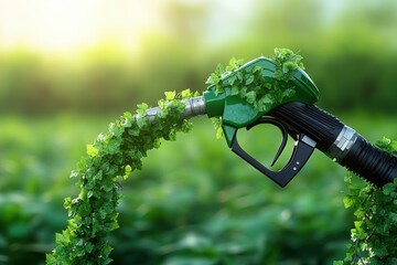 Wall Mural - A simple, clean graphic of a fuel pump nozzle with green vines entwining around it, symbolizing eco-friendly fuel