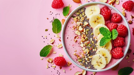 A vibrant smoothie bowl topped with fresh fruits, nuts, and seeds sits on a bright pink background. This colorful and healthy dish is perfect for themes of nutrition, breakfast, and health-conscious