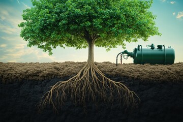 Poster - An artistic representation of a tree with its roots extending into a fuel tank, symbolizing the natural origin of biofuels