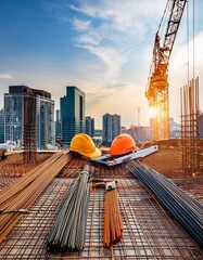 Wall Mural - Construction site in the city. A house, building, or skyscraper is being newly built. Construction tools and helmets are scattered around. Cranes can be seen in the background