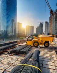 Wall Mural - Construction site in the city. A house, building, or skyscraper is being newly built. Construction tools and helmets are scattered around. Cranes can be seen in the background