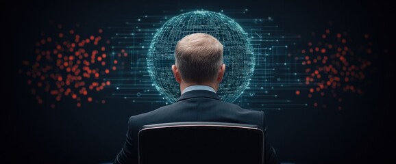 A man is sitting in a chair in front of a computer screen with a large blue circ