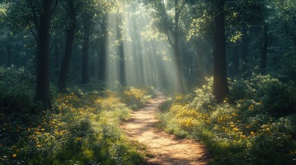 Canvas Print - Sunbeams through a Forest Path