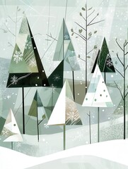 Poster - In a wintery landscape, triangular Christmas trees emerge in various sizes, set against a backdrop of delicate snowflakes and gentle greenery. Generative AI