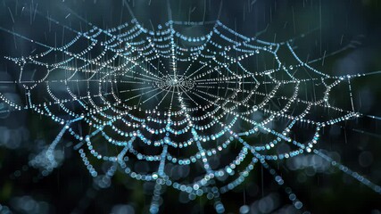 Spider web with dew drops in the early morning, close-up view. Nature and tranquility concept
