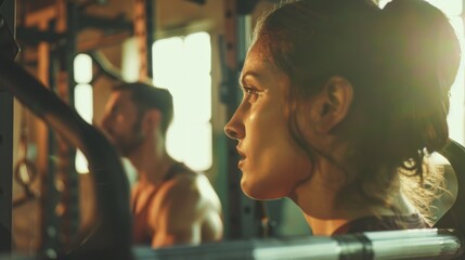 Wall Mural - A woman in focus, deeply immersed in her workout routine at a sunlit gym, emphasizing determination and personal fitness goals.