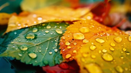 Poster - Close-up of colorful autumn leaves glistening with raindrops, capturing the refreshing essence of a rainy fall day.