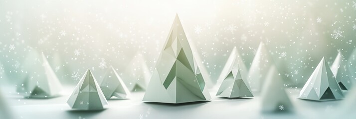 Poster - Abstract geometric shapes create a winter forest of Christmas trees, while snowflakes gently fall in the background. Generative AI