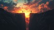 © Philipp - Two silhouetted figures shake hands across a large gap in the earth, set against a dramatic sunset sky, symbolizing connection and overcoming obstacles.