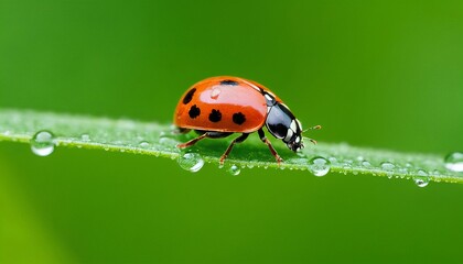 Wall Mural - A ladybug with black spots perched on a green leaf with dewdrops.