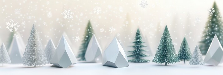 Poster - Geometric shapes create a whimsical winter wonderland of Christmas trees, surrounded by soft snowfall and a tranquil atmosphere. Generative AI
