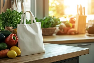 Canvas Print - A mockup of a blank white canvas tote bag resting on a wooden kitchen counter