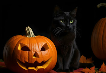 A black cat sits beside a carved pumpkin, Halloween spirit. mystery and magic concept