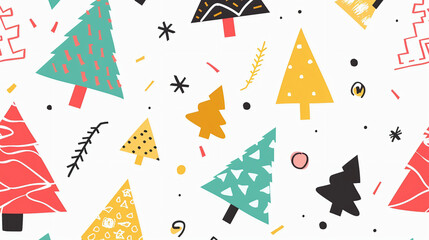 A modern Christmas pattern with minimalistic geometric shapes, abstract Christmas trees, and bright, bold colors