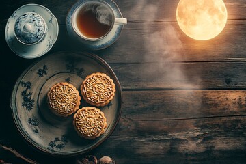 Wall Mural - A serene Mid-Autumn Festival setup featuring an overhead view of round mooncakes