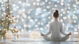 Woman practicing yoga in a peaceful Christmas setting, soft bokeh lights and decorated tree in background, tranquil meditation during festive season, mindfulness concept.