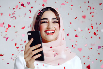 Wall Mural - An arab woman is smiling and holding her phone in front of an isolated white background pink , and gold confetti floating around the scene