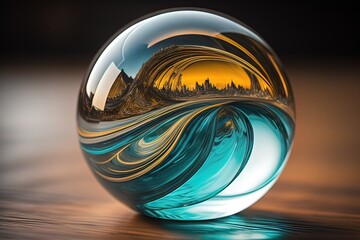 Wall Mural - Transparent crystal ball on a wooden table. ai generative