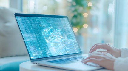hands typing on laptop with data analytics on screen
