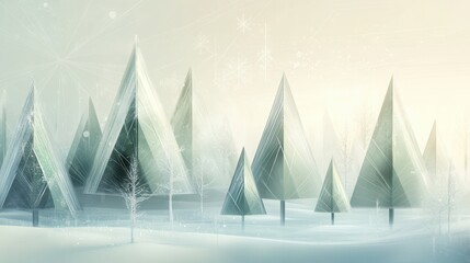 Poster - Abstract geometric shapes create Christmas trees of different sizes in a serene winter forest, surrounded by soft snow and tranquility. Generative AI